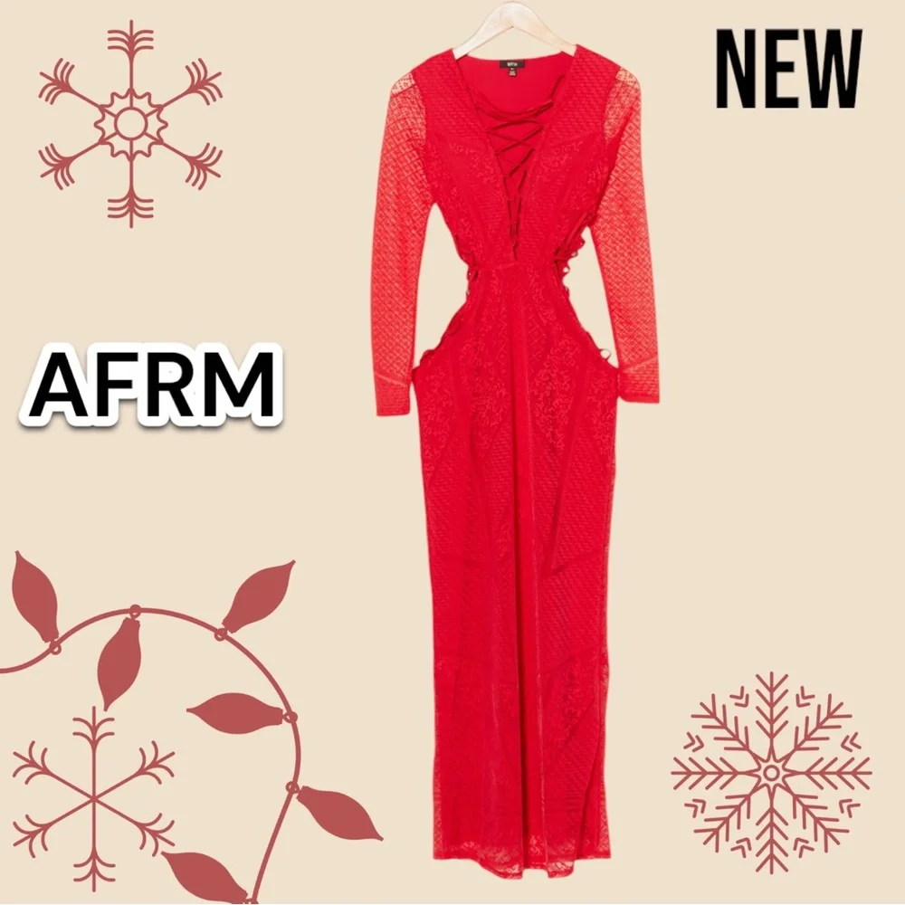 New NWT AFRM Dalia Long Sleeve Lace-Up Dress Red - Picture 3 of 4
